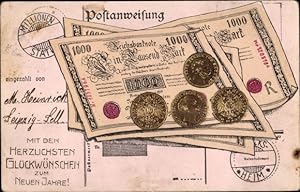 Ansichtskarte / Postkarte Glückwunsch Neujahr, Postanweisung, Reichsbanknote, Münzen