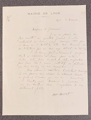 Lettre autographe signée par Édouard Herriot à lattention du Gouverneur (militaire de la ville d...