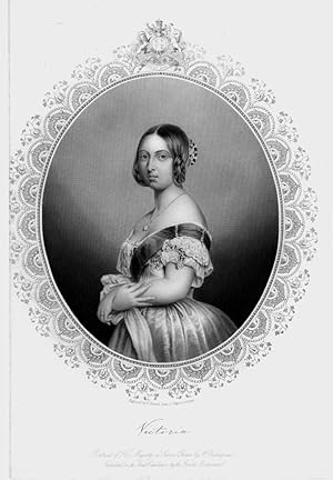 YOUNG QUEEN VICTORIA PORTRAIT WITH ELABORATE BORDER,Historical 1855 Irish Steel Engraved Print