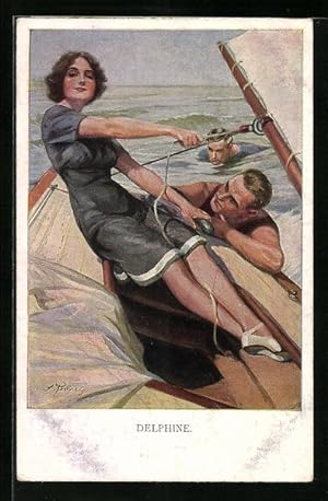 Künstler-Ansichtskarte Delphine, Segelsport mit einer Frau auf ihrem Schiff, Männer bewundern sie