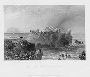 VIEW OF AILSA CRAIG FROM TURNBURY CASTLE in the outer Firth of Clyde ,1837 Steel Engraving, Antiq...