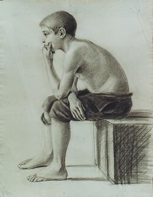 "L'ENFANT QUI PENSE" Dessin au crayon noir provenant de l'Atelier J. A. PERROUD (vers 1890)