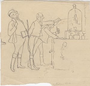 "3 HOMMES DEVANT UN OISEAU EN CAGE" Dessin au crayon noir sur papier calque (1910)