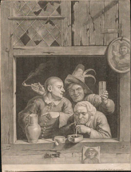 Three Men drinking and smoking at a window. First edition, from an old Spanish collection of orig...
