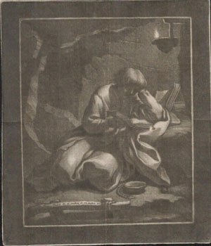 A hermit reading in a cave illuminated by a lamp. First edition, from an old Spanish collection o...