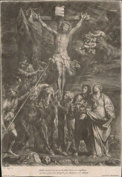 Christ on the Cross surrounded by people. "Jesus meurt et sa mort finit tous nos suplices." First...