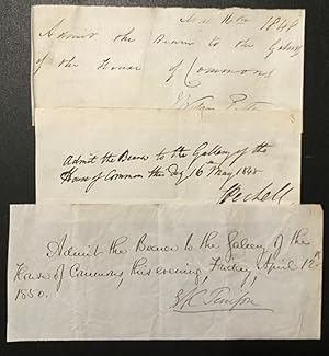 Three handwritten permits for entry to the Strangers Gallery of the House of Commons
