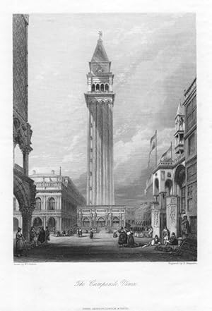 THE CAMPANILE IN VENICE ITALY,1840's Steel Engraving,Antique print