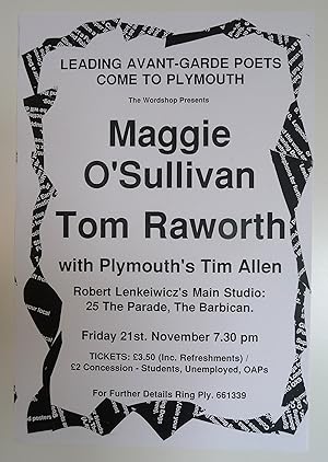 A flyer for a reading in Robert Lenkiewicz's Main Studio, Plymouth
