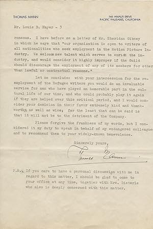 TYPED LETTER SIGNED (TLS) to Louis B. Mayer of MGM