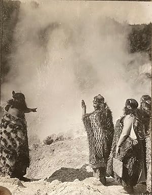 Maori figures, thermal scenery and village. Glass slides