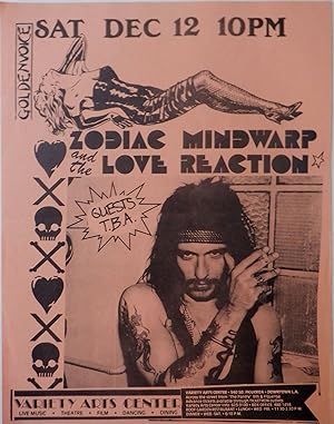 Zodiac Mindwarp and the Love Reaction Concert Flier. Saturday, December 12, (1987) at the Variety...