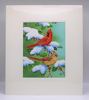 CARDINALS ON HOLLY (Original Gouache Painting)