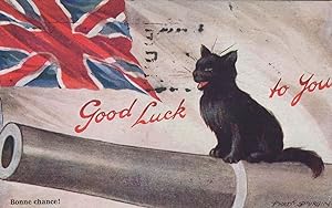 Military WW1 Black Cat Firing Canon Gun Old Greetings Cats Postcard