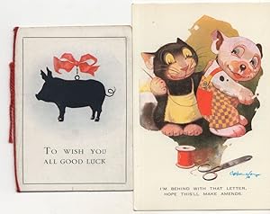 Cat Sewing Farm Pigs Trousers Cat Comic Postcard & Old Greeting Card