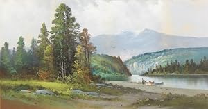 [PASTEL PAINTING OF A SCENE IN THE PACIFIC NORTHWEST, PROBABLY THE COLUMBIA RIVER, WITH INDIANS L...