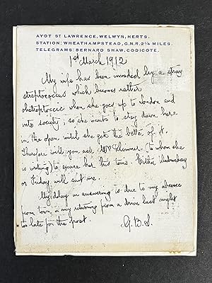 AUTOGRAPHED NOTE SIGNED by George Bernard Shaw.