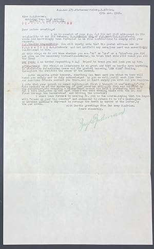 [Typed letter from the South African fascist Ray K. Rudman]