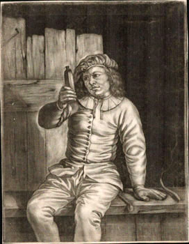 Man holding a bottle. First edition of the mezzotint, from an old Spanish collection of original ...