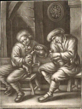 Two Men about to drink; one pouring. First edition of the mezzotint, from an old Spanish collecti...