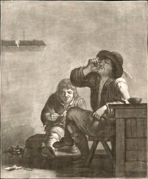 Two seated men; one drinking with feathers in his hat and one filling a pipe. First edition of th...