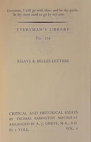 Critical and Historical Essays, Volume 2, Everyman's Library No. 226