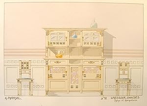 1900 French Art Nouveau Interior Design Print, Pl. 12, Sideboard, Chair - G. Raynal