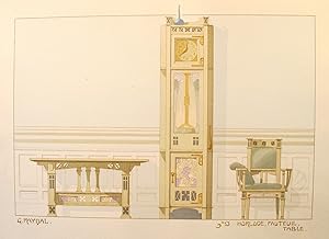 1900 French Art Nouveau Interior Design Print, Pl. 13, Clock, Chair, Table - G. Raynal