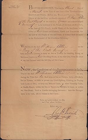 Partially printed, partly manuscript Tavern License for the City of New York in the Year 1790.