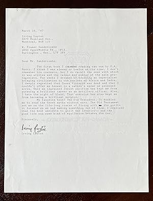 Irving Layton Typed Letter (signed).