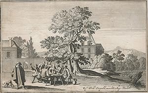 Riverside tavern scene with a man making a toast