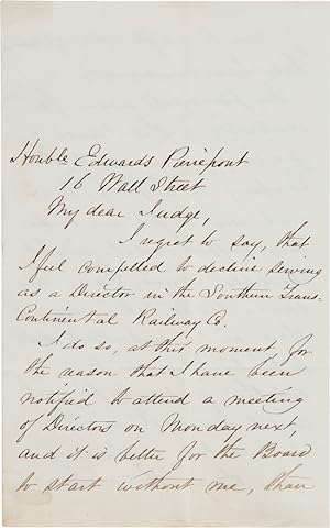 [AUTOGRAPH LETTER, SIGNED, FROM JOHN JACOB ASTOR III TO EDWARDS PIERREPONT, IN WHICH ASTOR DECLIN...