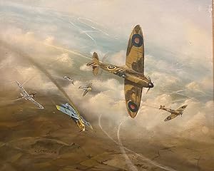 RAF and German fighter planes in action in Battle of Britaiin