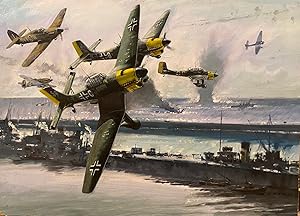 Spitfires chasing German fighters attacking battles ships at dock.