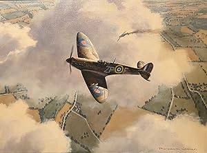 Spitfire flying over wartime country landscape