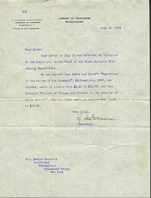 1919 Letters to the Library of Congress and Boston Public Library re: valuation for Lewis & Clark...