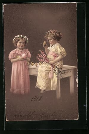 Lithographie Frohes Osterfest, Kinder mit Kirschblüten und Osterküken