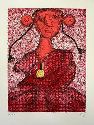 ENRICO BAJ: "Figura femminile con treccine e medaglia" , Colour etching signed by the artist, IX/...