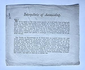 [Printed publication, [s.d.], Honderste penning, The Hague] Interpellatie of Aanmaaning. Word by ...