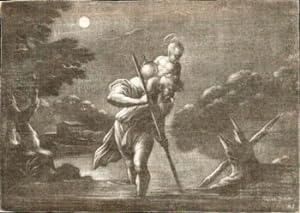 Old Man with a staff crossing a river with a child on his shoulders. First edition, from an old S...
