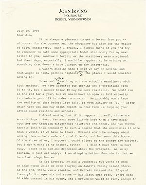 Original three-page typed letter signed from John Irving to James Salter, 1998