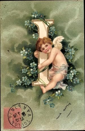 Buchstaben Präge Ansichtskarte / Postkarte Engel mit dem Buchstaben I, Vergissmeinnicht