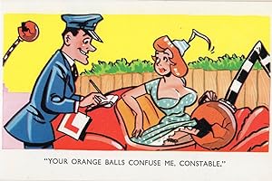 Learner Driver In Red Sports Classic Car Crash Policeman Comic Postcard
