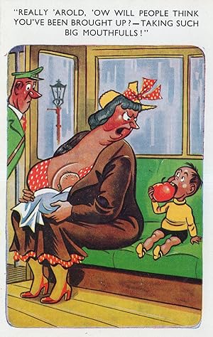 Train Carriage Lady Big Mouthfuls Ticket Inspector Comic Postcard