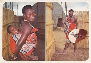 Swaziland Warrior & Lady Carrying Baby Africa Postcard