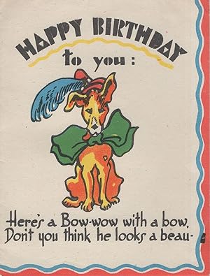 Bow Wow Dog Doggie With A Bow Antique Greetings Card