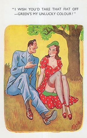 Giant Man With Fonz Haircut Chatting Up Girl In Park Comic Postcard