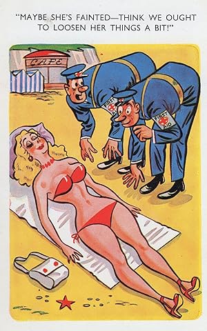 First Aid Beach Patrol Helping Lady Fainted Big Boobs Comic Postcard