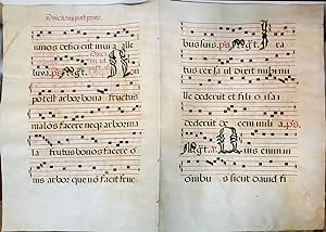 16th Century Manuscript Antiphonal Double Leaf with Initials on Vellum