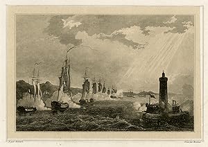 Antique Print-Lighthouse-The battle of Tagus-Portugal-Gilbert-Pardinel-ca. 1835
